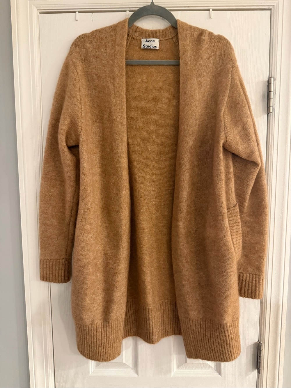 Acne Studios Raya Camel Kid Mohair Wool Long Open Cardigan